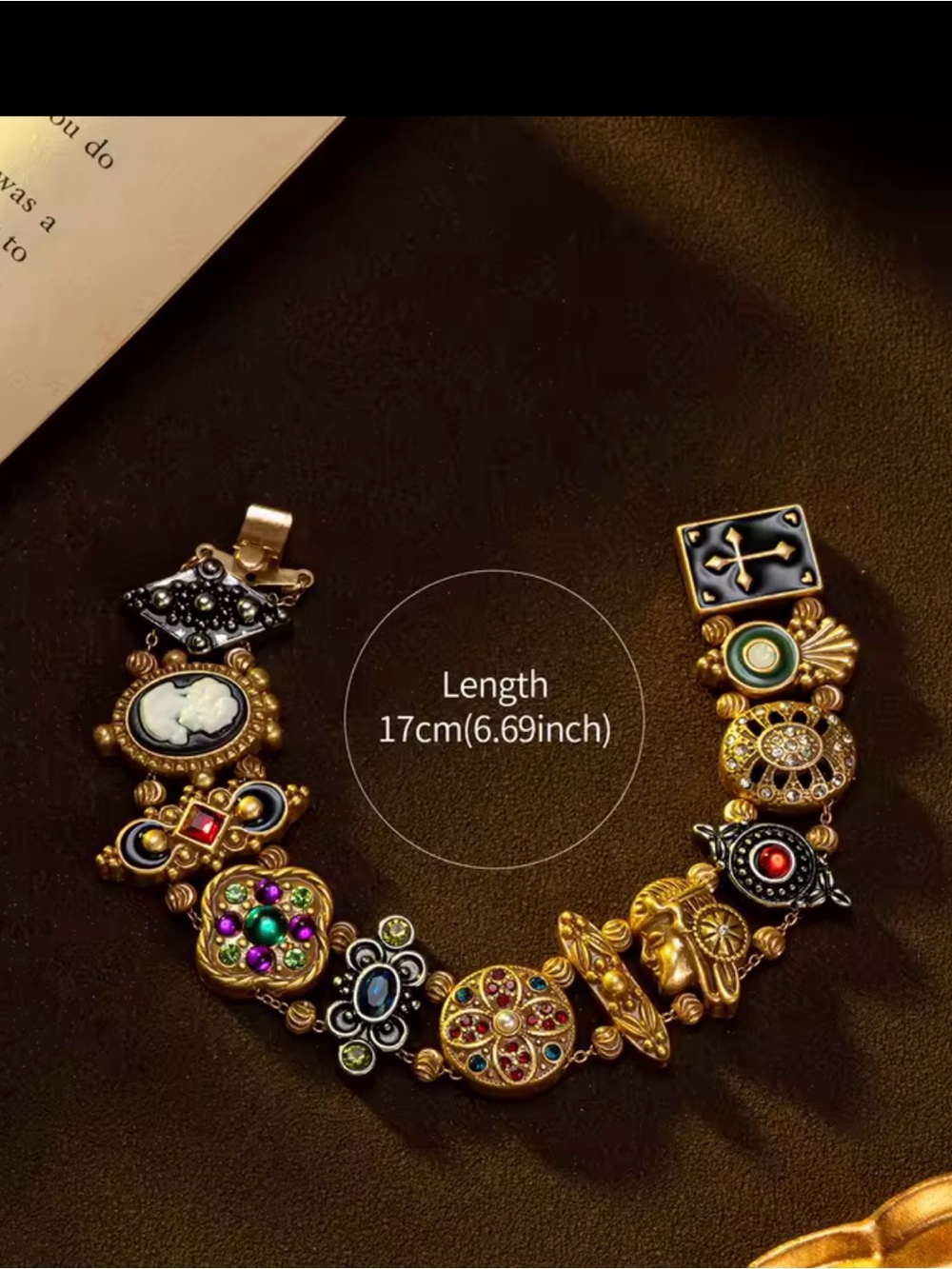 Vintage Art Deco Charm Bracelet | Antique Gold Statement Bracelet | Colorful - Picture 7 of 12